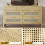 DWVO Natural Rattan 7 Drawer Dressers - Oak Wooden Dresser Chest of Drawers with Golden Handles - Modern Large Closet Boho Dressers Storage Cabinet for Living Room/Hallway/Entryway DWVO