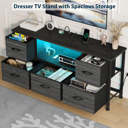 Lulive TV Stand Dresser for Bedroom with LED Light, Entertainment Center for 55 inch TV, 5 Drawer Dresser TV Stand with Power Outlets, Adjustable Feet for Living Room Bedroom, Charcoal Black - WoodArtSupply