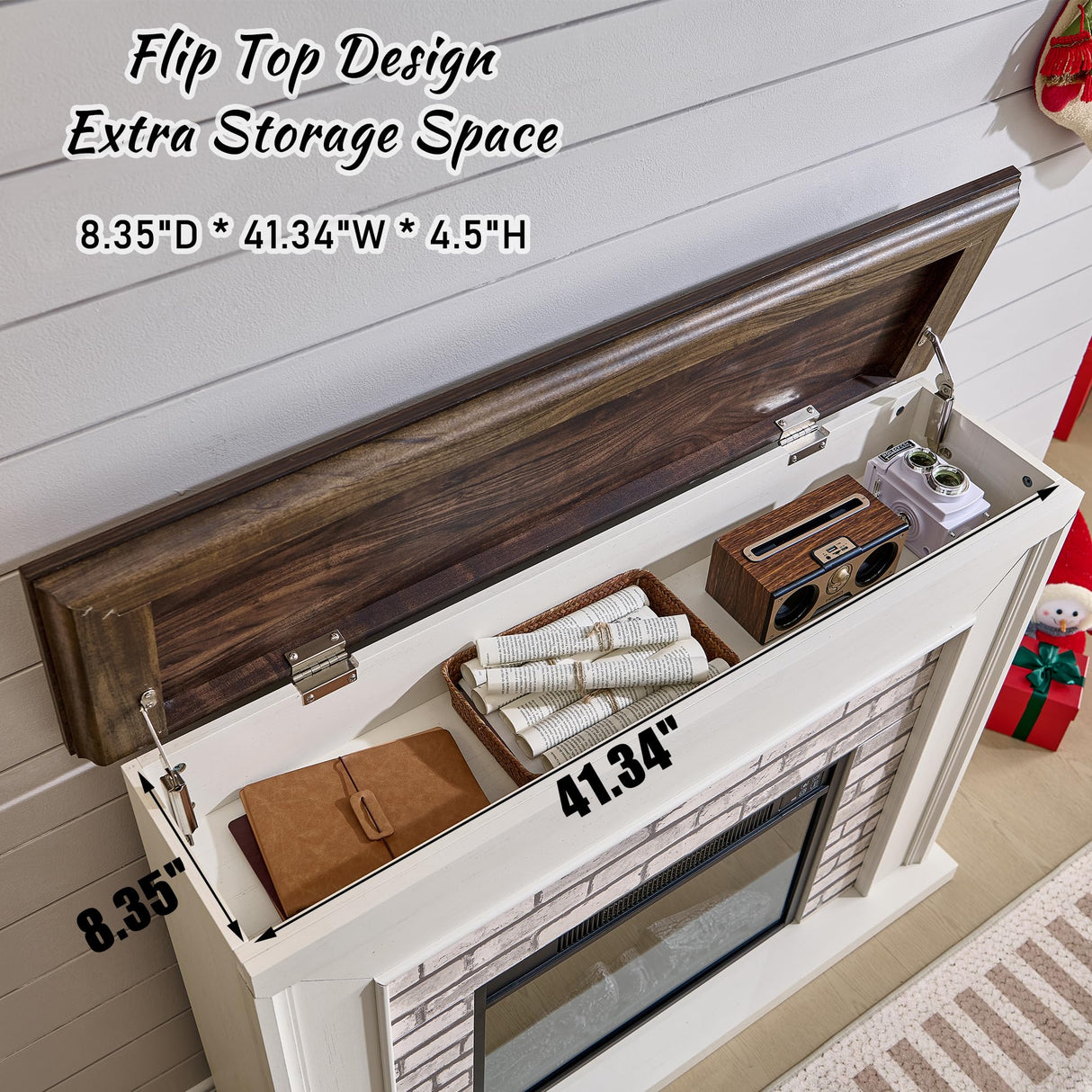 Aitjunz 45" Flip Top Electric Fireplace with Mantel, Electric Fireplace Heater, TV Stand with Freestanding Electric Fireplace, Remote Control, Adjustable Flame Level for Living Room (White) Aitjunz