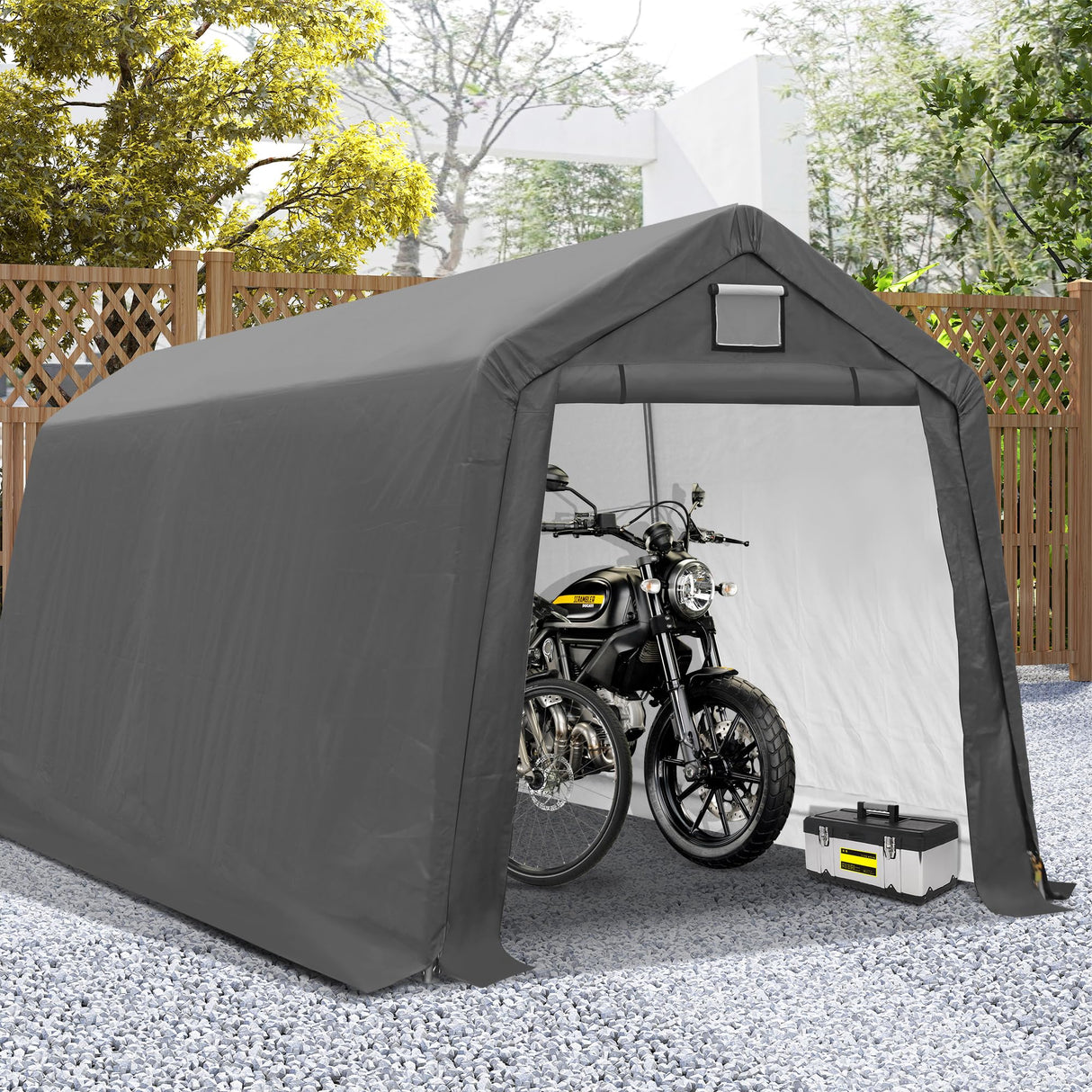 COVERONICS 7' x 12' Outdoor Storage Shed - Heavy Duty Portable Shelter Carport with Ventilation Windows and Roll-up Doors, Storage Shelter Tent for Motorcycle, Bike, Lawnmower and Garden Tools, Grey COVERONICS