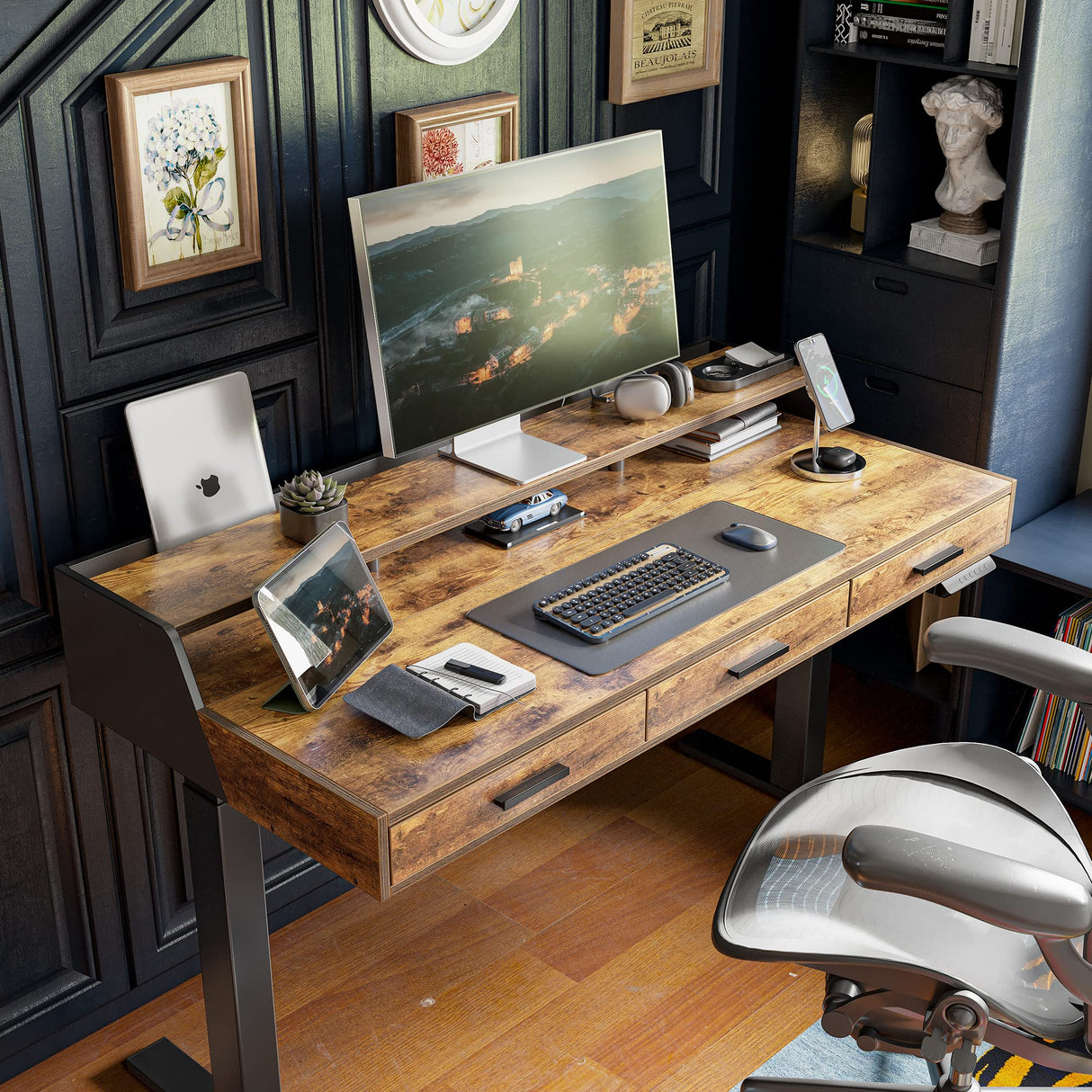 FEZIBO Electric Standing Desk with Drawers, 48x24 Inch Standing Desk Adjustable Height, Stand Up Desk with Monitor Shelf, Sit Stand Home Office Desk, Rustic Brown FEZIBO