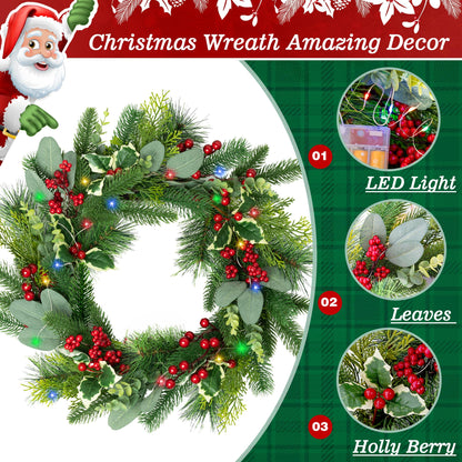 24 Inches Christmas Wreaths for Front Door with Colourful LED String Lights, Christmas Decorations, Decorated with Berry Clusters, Frosted Branches, Christmas Collection, 2 Light Modes