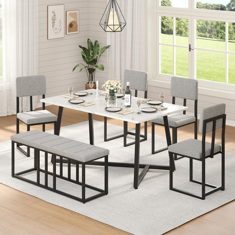 HUGROVE 6-Piece Dining Table Set, 51.18'' Faux Marble Rectangular Table with 4 Linen Upholstered Dining Chairs and Bench, Modern Kitchen & Dining Room Furniture for Family Gathering HUGROVE