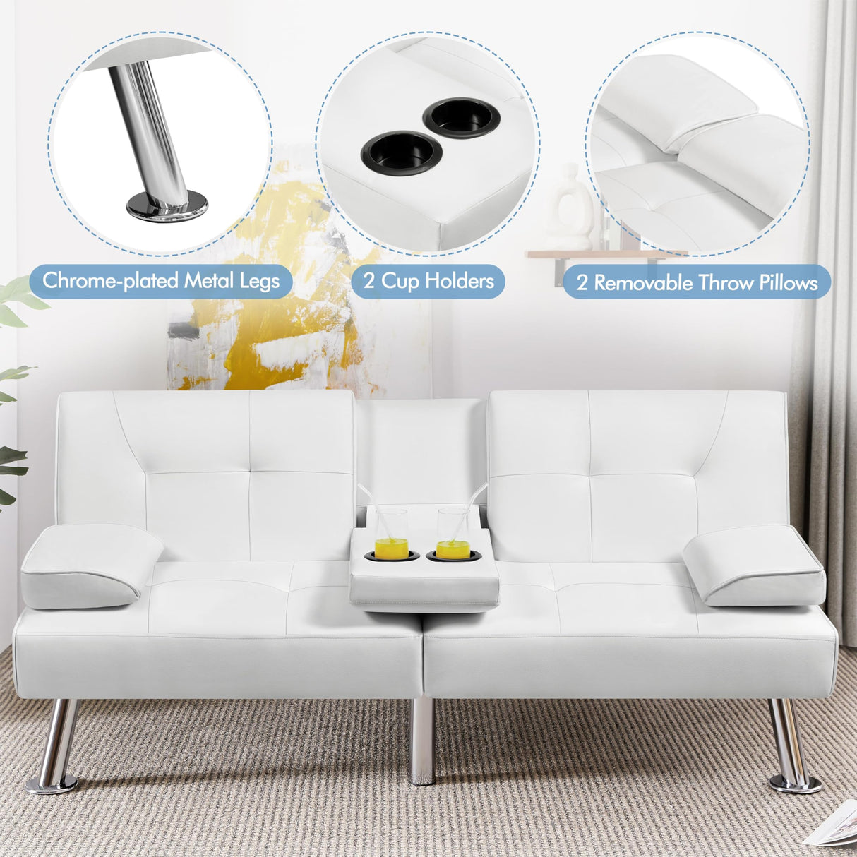 Yaheetech Convertible Sofa Bed Adjustable Couch Sleeper Modern Faux Leather Home Recliner Reversible Loveseat Folding Daybed Guest Bed, Removable Armrests, Cup Holders, 3 Angles, 772lb Capacity, White Yaheetech