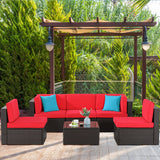 Shintenchi 6 Pieces Patio Furniture Sets Outdoor All-Weather Sectional Patio Sofa Set PE Rattan Manual Weaving Wicker Patio Conversation Set with Glass Table&Ottoman Cushion and Red Pillows, Red Shintenchi