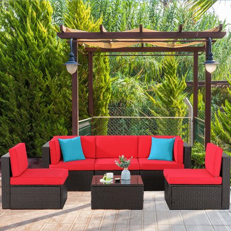 Shintenchi 6 Pieces Patio Furniture Sets Outdoor All-Weather Sectional Patio Sofa Set PE Rattan Manual Weaving Wicker Patio Conversation Set with Glass Table&Ottoman Cushion and Red Pillows, Red Shintenchi