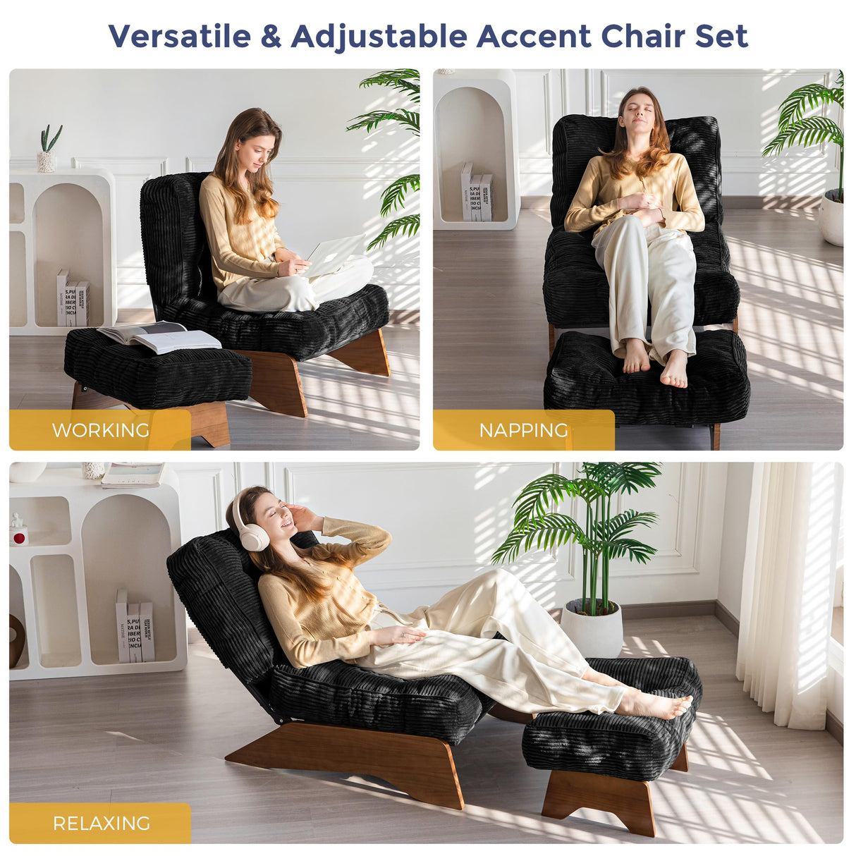 MAXYOYO Accent Chair with Ottoman Adjustable Backrest, Tufted Living Room Chair Upholstered Lounge Chair with Footrest Set, Modern Chair Cozy Reclining for Reading Room, Black MAXYOYO