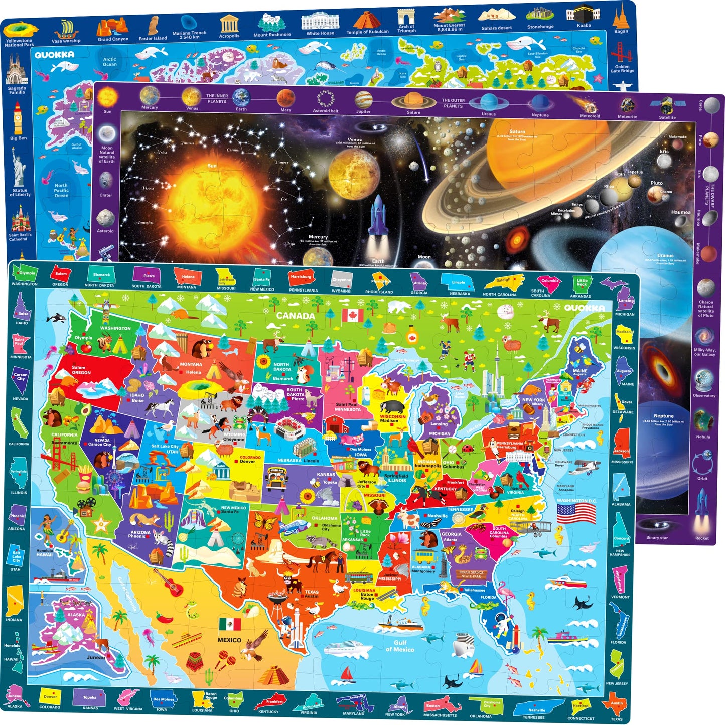 QUOKKA 100 Piece Puzzles for Kids Ages 4-6 – 3 Pack Floor Puzzles for Kids 8-10 Year Old – Learning Games World Map & Space 5-7 – United States Educational Puzzles for Toddlers 3-5