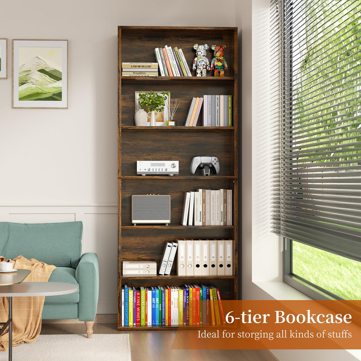 Vongrasig 6-Tier Open Bookcase and Bookshelf, Floor Standing Wood Display Storage Shelves 71 Inch Tall Bookcase Home Decor Furniture for Home Office, Living Room, Bed Room, Rustic Brown Vongrasig