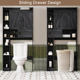 ChooChoo Over The Toilet Storage Cabinet, Farmhouse Bathroom Storage Cabinet with Barn Doors, Sliding Drawer, Adjustable Shelves, Space-Saving, Black ChooChoo