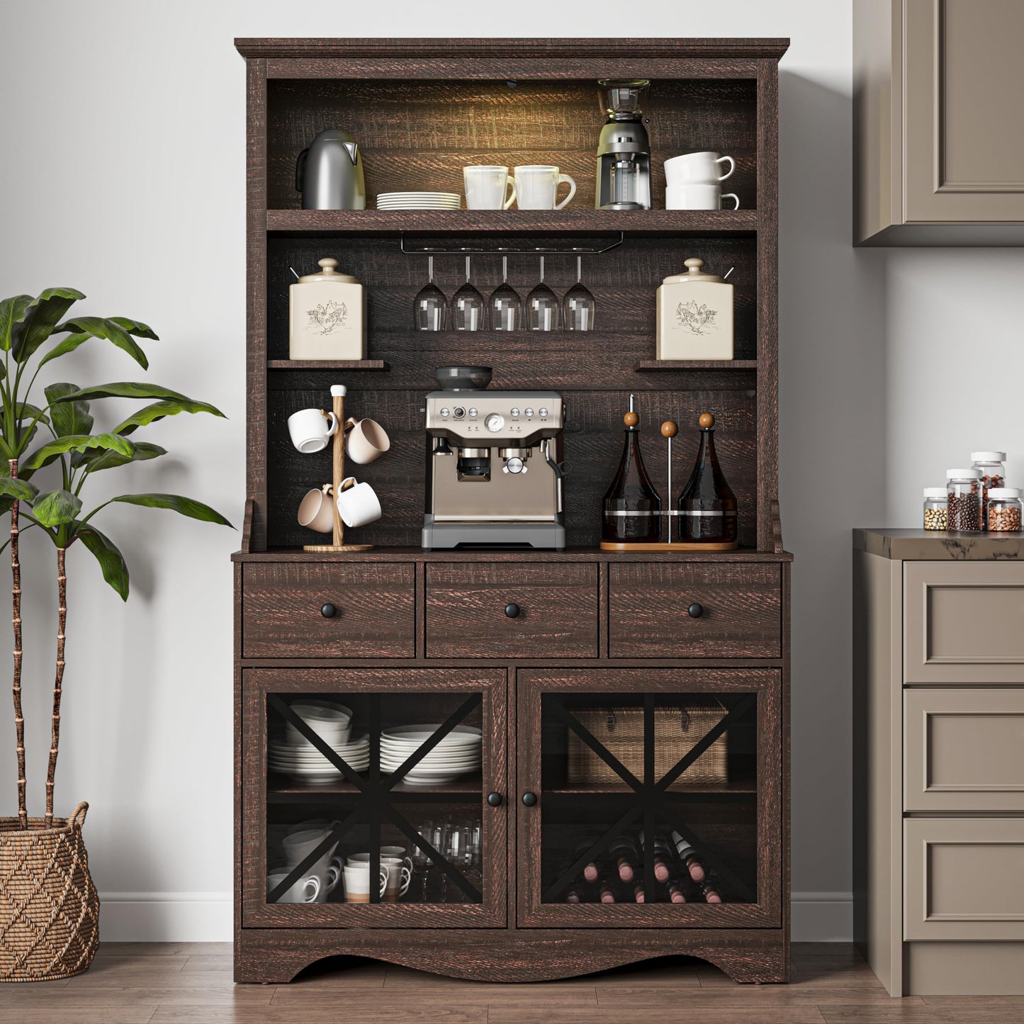 RoyalCraft 71'' Tall Farmhouse Bar Cabinet, Retro Buffet Cabinet with Charge Station & LED Lights, Liquor Cabinet Bar with Wine Bottle Rack for Kitchen, Living Room, Brown