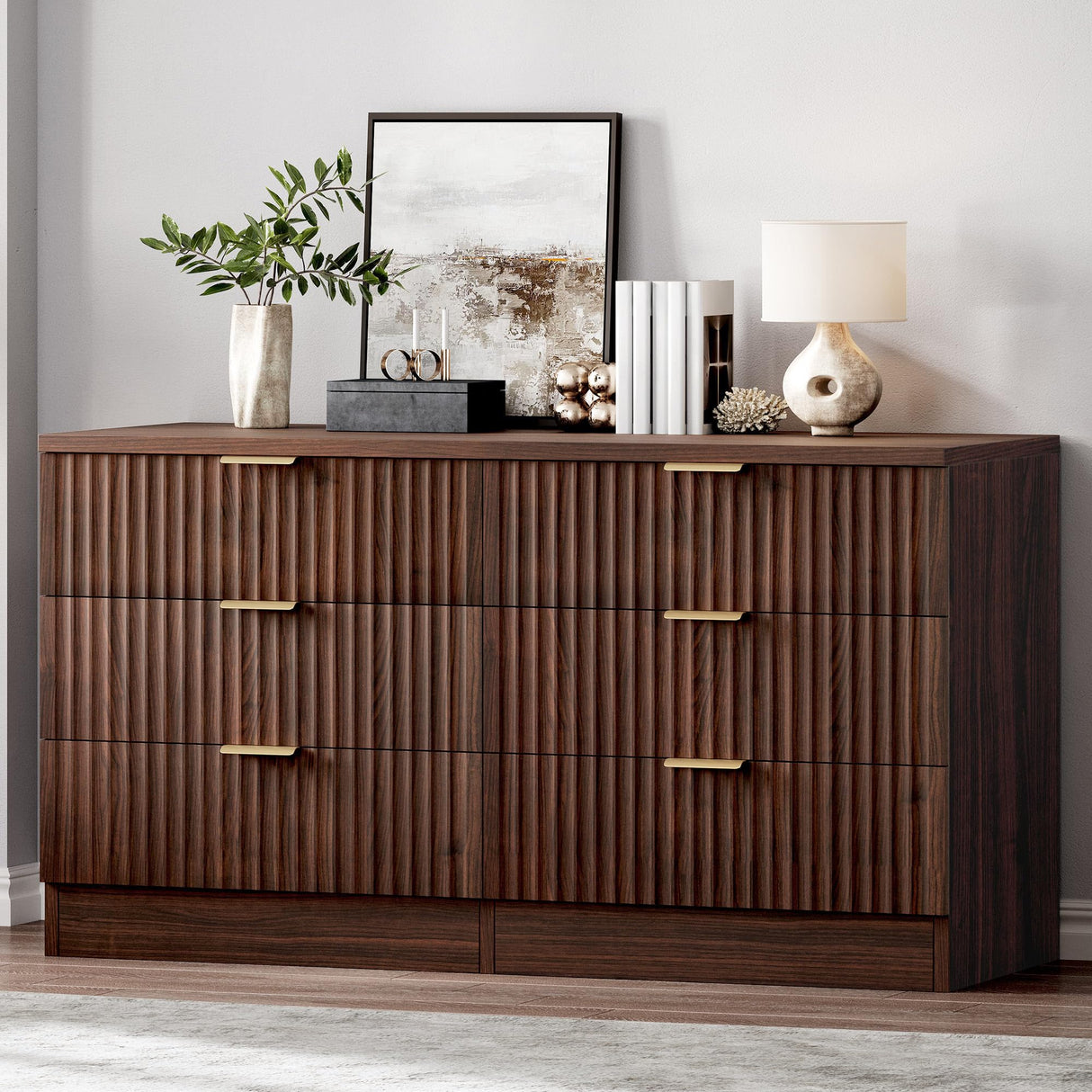 DWVO 6 Drawer Dressers, High Gloss White Dressers Drawers with Fluted Panel, Wide Versatile TV Stand Cabinet Table for Kitchen and Office, Walnut DWVO