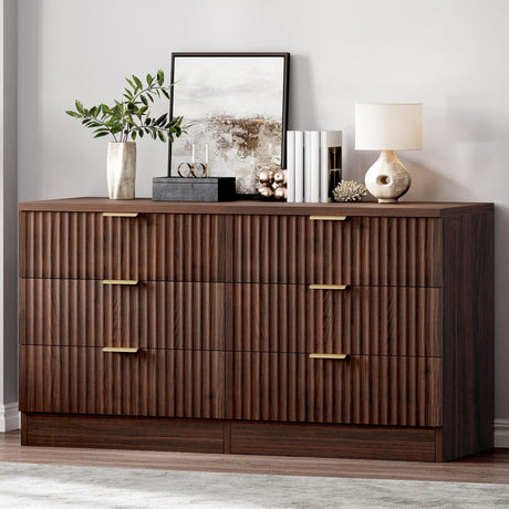 DWVO 6 Drawer Dressers, High Gloss White Dressers Drawers with Fluted Panel, Wide Versatile TV Stand Cabinet Table for Kitchen and Office, Walnut DWVO