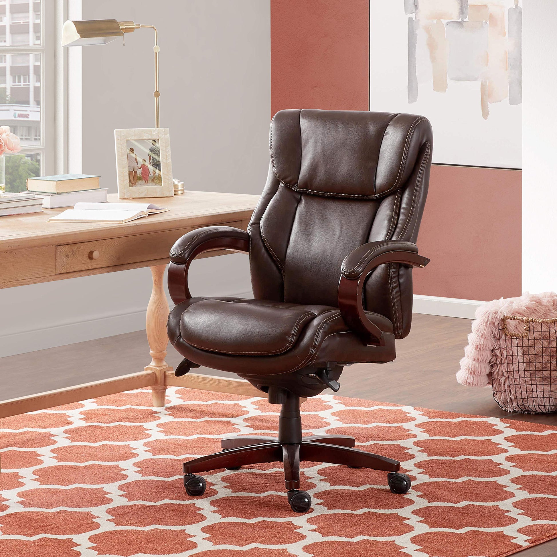 La-Z-Boy Bellamy Executive Office Chair with Memory Foam Cushions, Solid Wood Arms and Base, Waterfall Seat Edge, Bonded Leather, Brown - WoodArtSupply