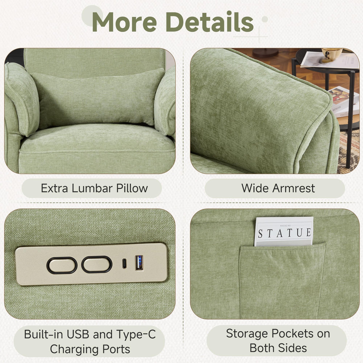 MELLCOM Power Recliner Rocking Chair Nursery Gliders with Adjustable Armrests and Headrest, Swivel Electric Glider Reclining Nursing Chair with USB Port and Storage Bags, FSC Certified(Fabric, Green) MELLCOM