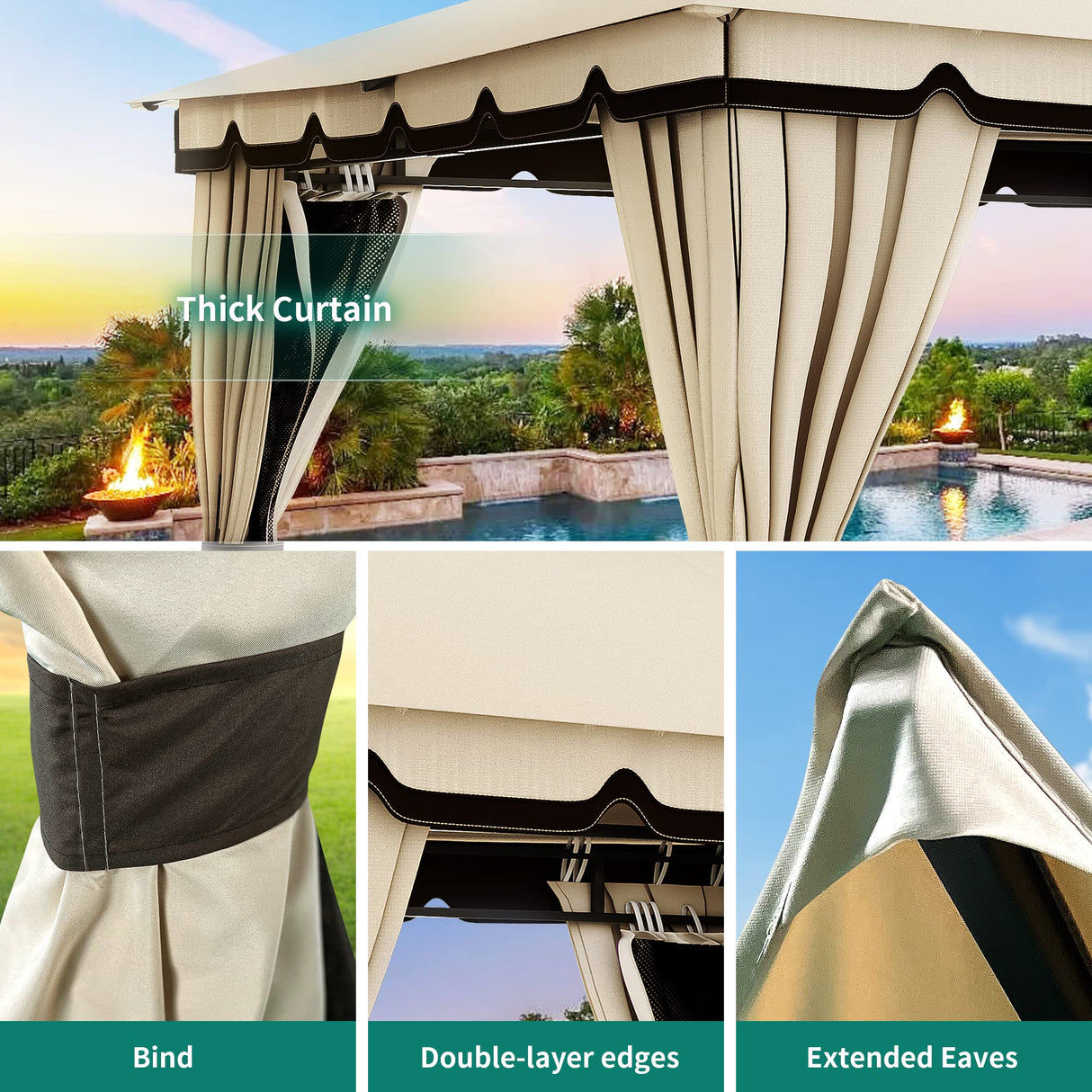 YITAHOME 10x12ft Patio Gazebo Outdoor Double Roof Canopy Gazebo w/Netting & Curtains, Soft Fabric Top Garden Winds Tent with Steel Frame for Lawn, Garden, Backyard and Deck, Khaki YITAHOME