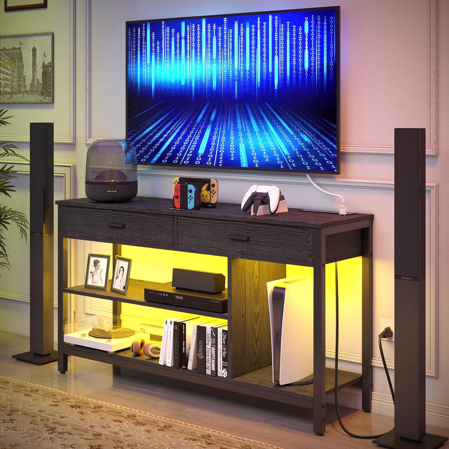 IRONCK TV Stand LED Lights, Entertainment Center with Power Outlet for 55 Inch TV, Industrial TV Console with Media Storage Shelf and 2 Large Drawers,for Bedroom/Living Room, Black