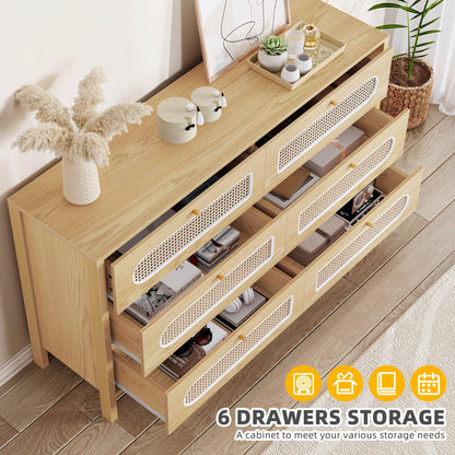 DWVO Natural Rattan 6 Drawer Dressers - Oak Wooden Dresser Chest of Drawers with Golden Handles - Modern Large Closet Boho Dressers Storage Cabinet for Living Room/Hallway/Entryway - WoodArtSupply