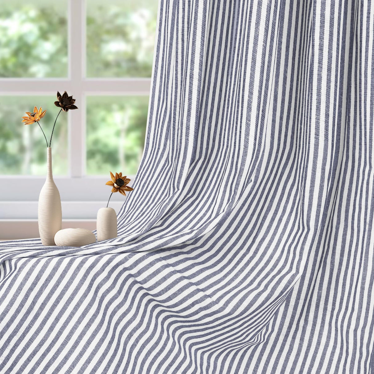 ASPMIZ Cotton Linen Farmhouse Curtains Boho Rustic Button Drapes, Linen Window Curtain Panels, Blue Stripe Country Curtain for Living Room, Modern Back Tab Blackout Curtains 52 x 84 Inch, 2 Panels ASPMIZ