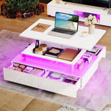 YITAHOME LED Lift Top Coffee Tables for Living Room, High Glossy Coffee Table with Storages 4 Spacious Drawers, Modern Rectangle Coffee Tables Small Center Table for Home Office, Glossy White YITAHOME