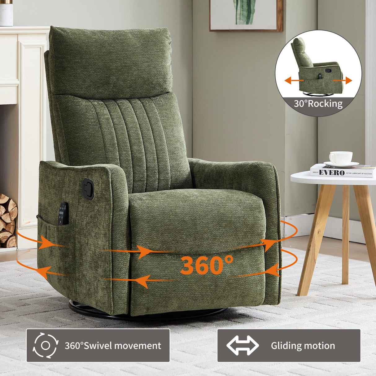 PELUMY Recliner Chair Swivel Rocking with Heat Massage - 360° Manual Recliner, 8-Point Vibrating & Lumbar Heat, Easy Assembly Chair for Living Room (Chenille, Green) PELUMY