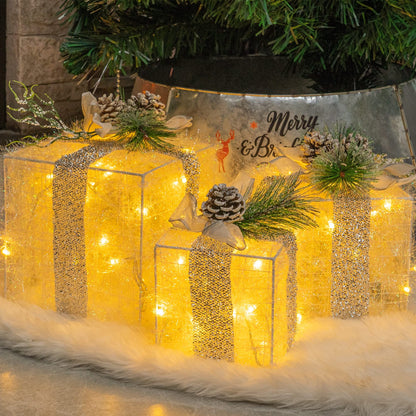 Hourleey Set of 3 Christmas Lighted Gift Boxes, Pre-lit 60 LED Light Up Present Boxes Ornament Outdoor Warm White Tinsel Boxes Decoration for Indoor Christmas Home Yard Lawn Decor