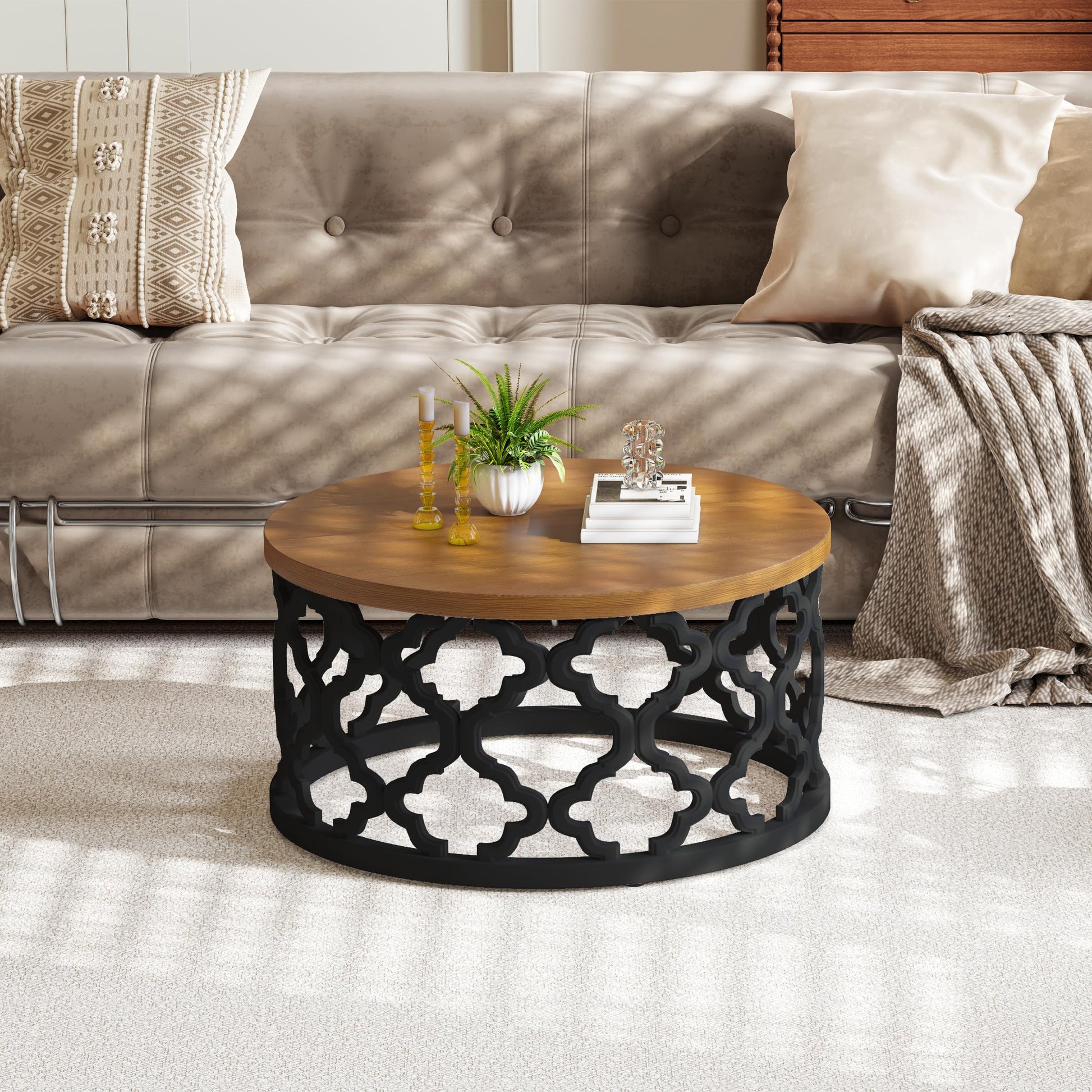 Usinso Farmhouse Round Coffee Table, Wood Grain Top Table with Curved Motif Frame Base, French Country End Table, Rustic for Living Room, Black - WoodArtSupply