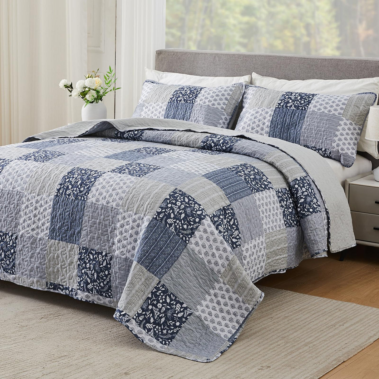 Navy Blue Gray Oversized King Bedspread Set 128x120 Extra Wide, 3 Piece Quilt Set Patchwork Plaid Bedding Set Quilted Bedspread Coverlet Set Reversible Lightweight Microfiber Bed Cover Comforter Set Cozyholy