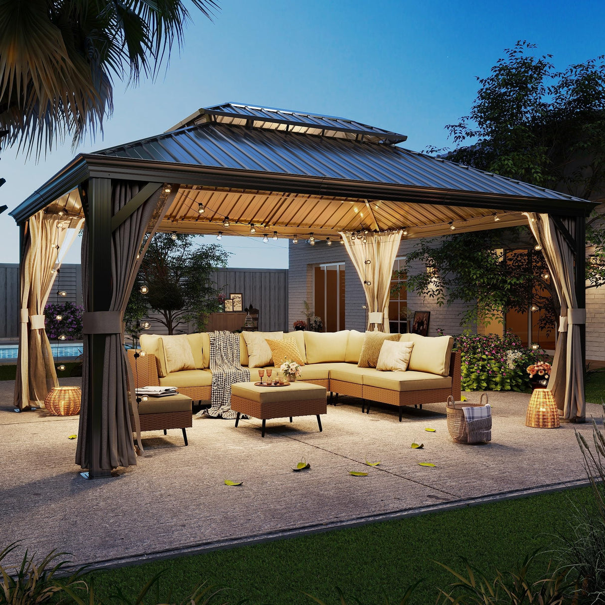 LAUSAINT HOME Outdoor Hardtop Gazebo for Patios 12x16ft, Permanent Heavy Duty Metal Double Roof Pavilion with Aluminum Frame & Enclosed Curtains and Mosquito Nettings for Lawn and Garden, Brown Metal LAUSAINT HOME