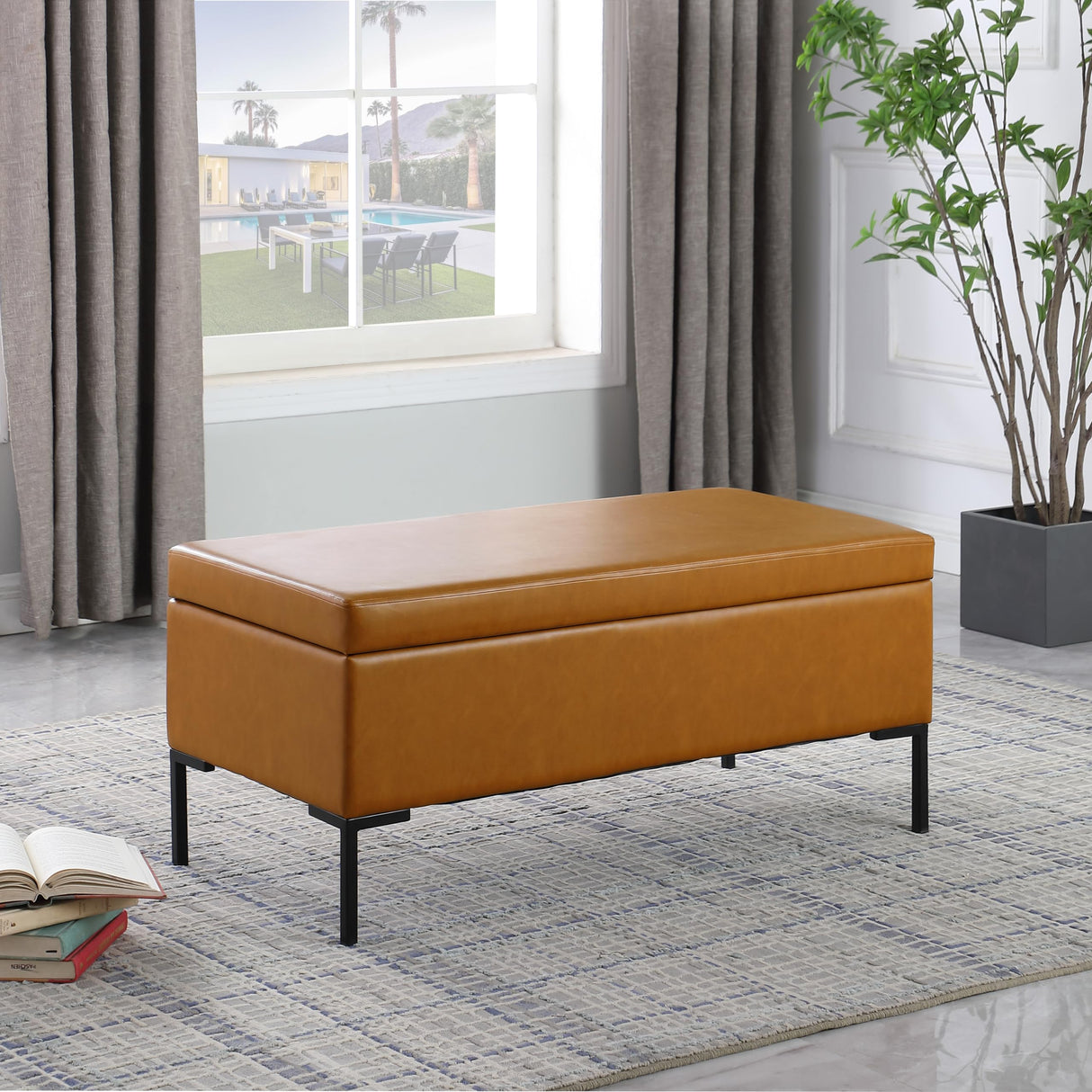 HomePop Upholstered Storage Bench with Metal Leg Home Décor|Bench with Storage for Living Room & Entryway - Faux Leather Brown HomePop
