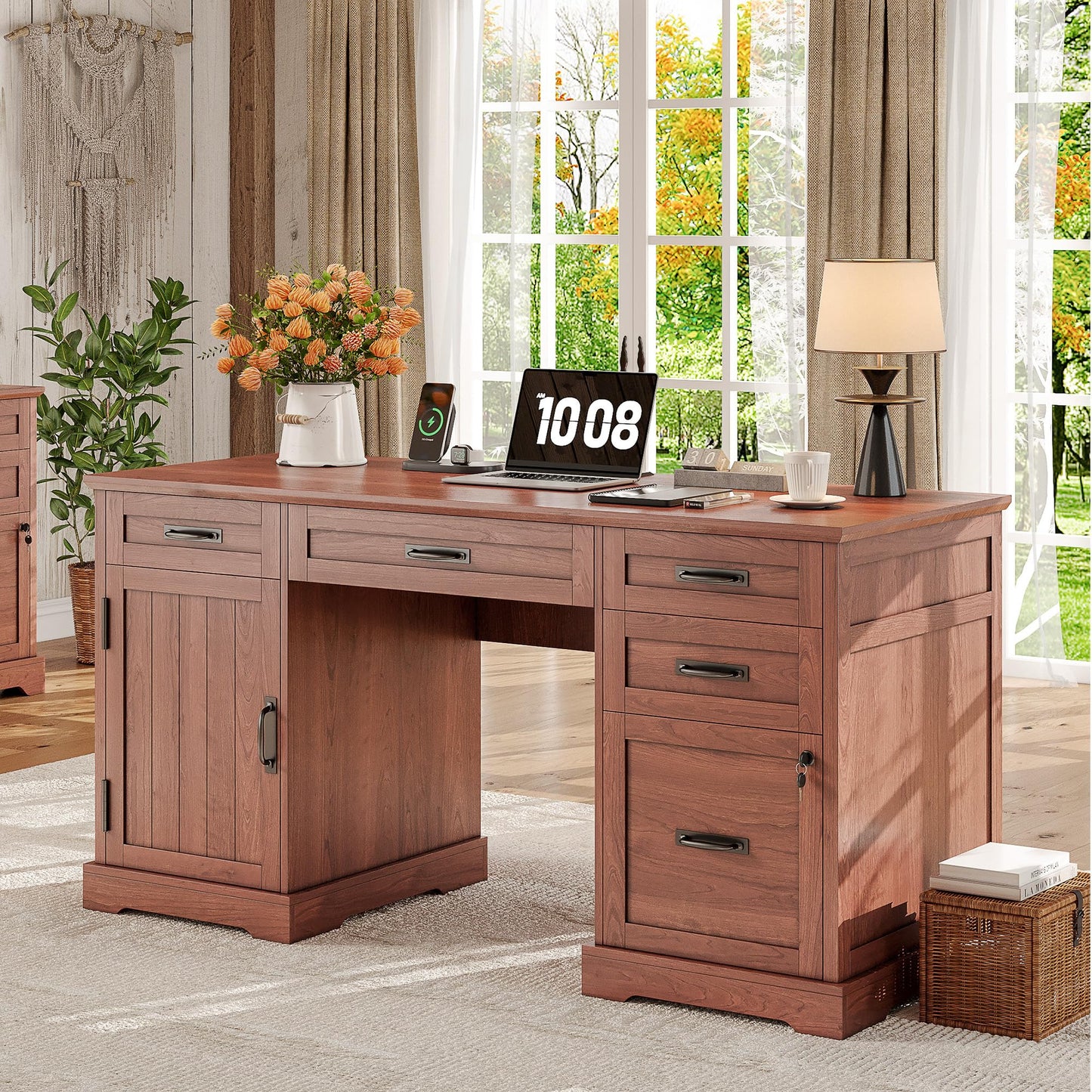 Whalefall Executive Desk with Drawers, 55'' Farmhouse Desk Wooden, Home Office Computer Desk with File Cabinet and Charging Station, Cherry Brown