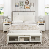 Halitaa Farmhouse Full Bed Frame with Storage, Full Size Bed Frame with 51" Tall Headboard & Charging Station,Wood Platform Bedframe with Led Lights & Storage Bench, No Box Spring Needed,White Halitaa