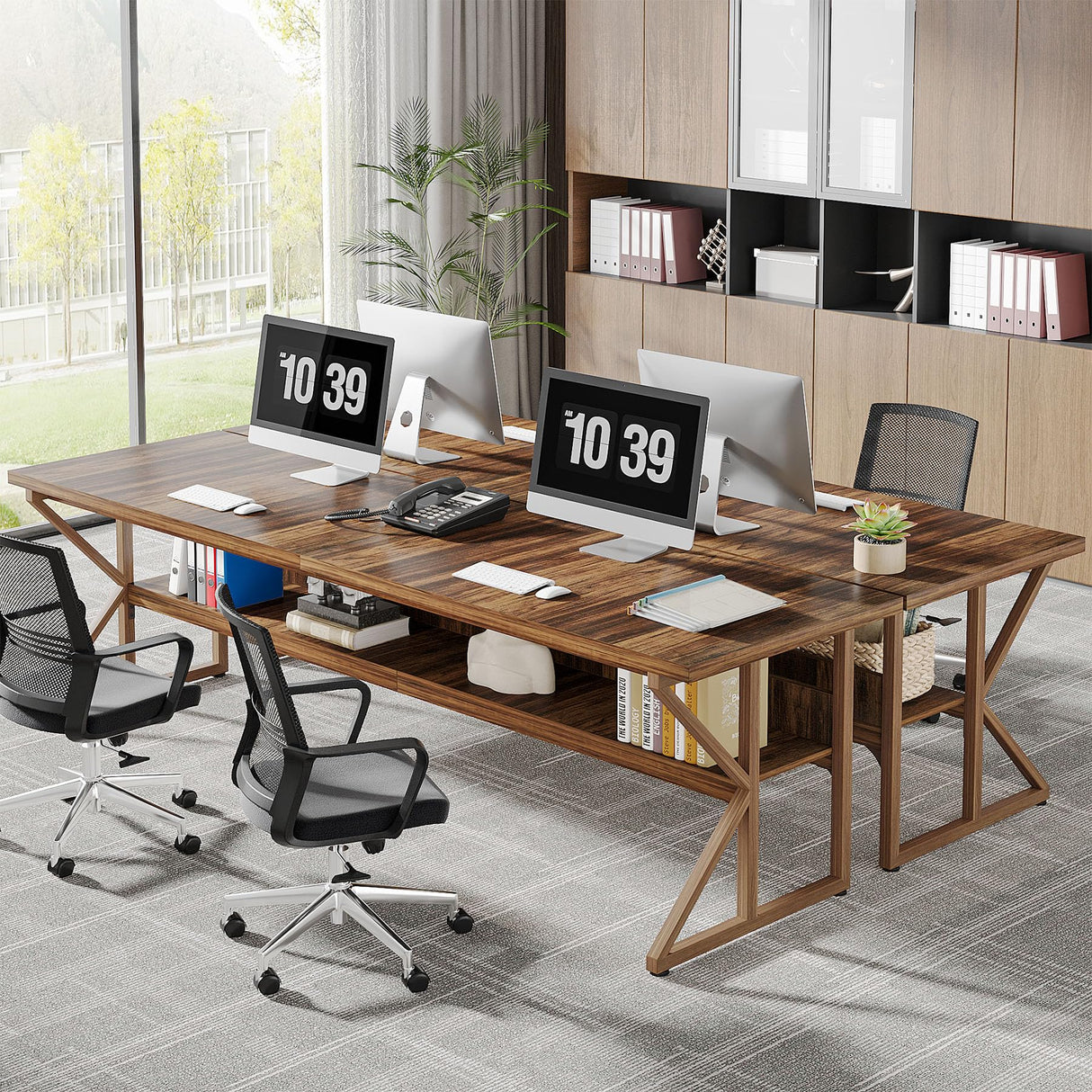 Tribesigns 79-Inch Extra Long Desk, 2 Person Desk with Storage Shelf, Large Computer Desk Double Desk Writing Table Desk for Home Office, Brown Tribesigns