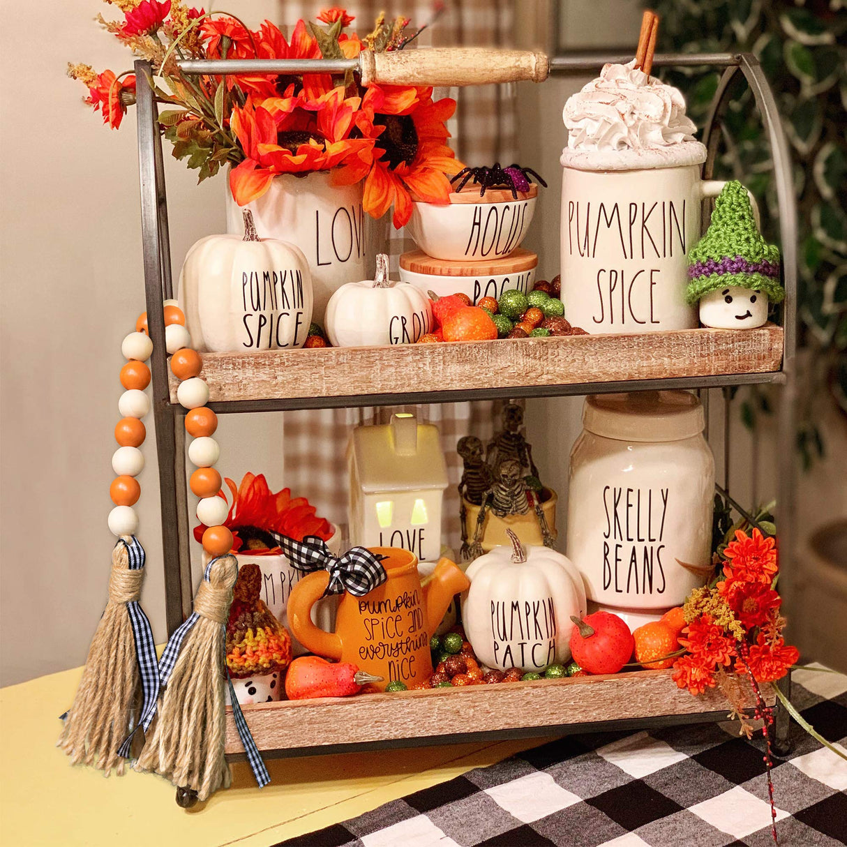 R HORSE Wood Bead Tassel Garland Thanksgiving Farmhouse Rustic Bead with Jute Rope Plaid Tassel Tray Decoration Retro Room Decor Home String Prayer Wall Décor for Nursery Room Vase Ornament R HORSE