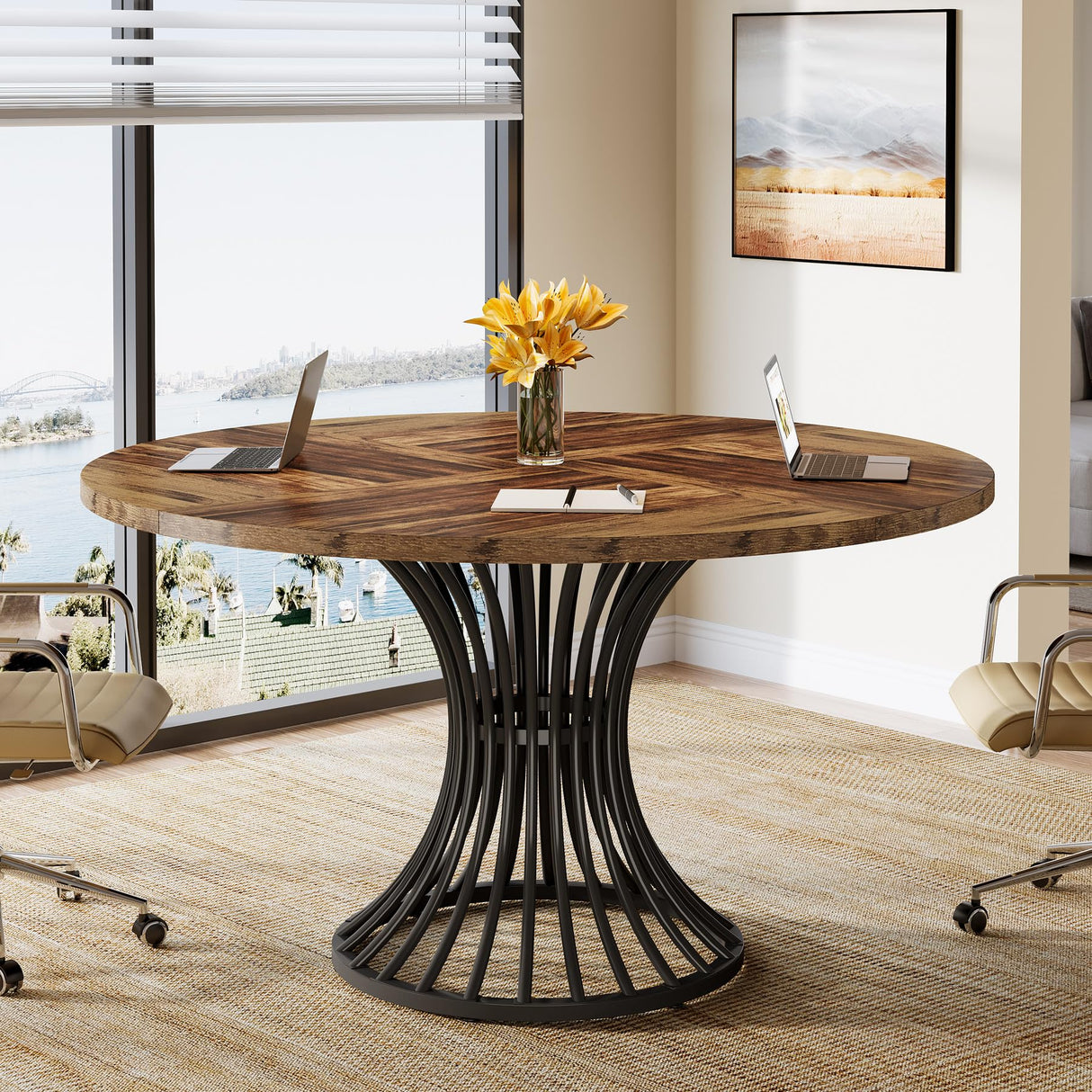 Tribesigns Round Conference Table for 4-6, 47-Inch Conference Room Table with Thickened Tabletop and Metal Base, Industrial Meeting Table for Office Meeting Room, Rustic Brown Tribesigns