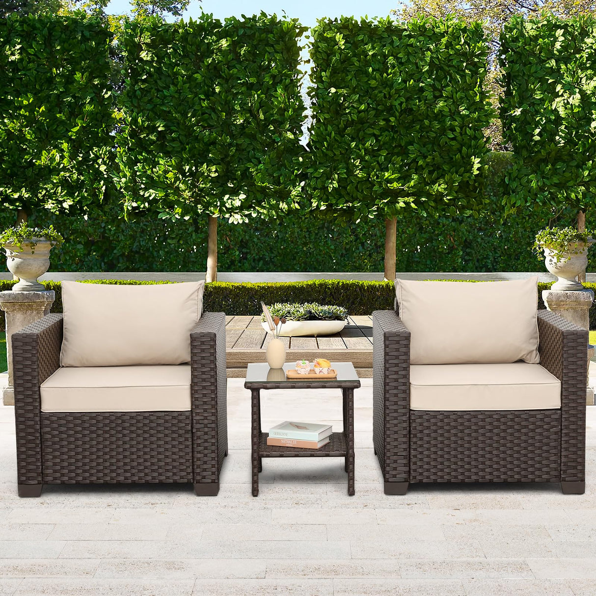 Rattaner Outdoor Furniture Club Chair 3 Pieces Patio Single Sofa Chairs and Glass End Table Outdoor Chairs Set of 2 and SideTable with Anti-Slip Cushions and Waterproof Cover, Khaki Rattaner