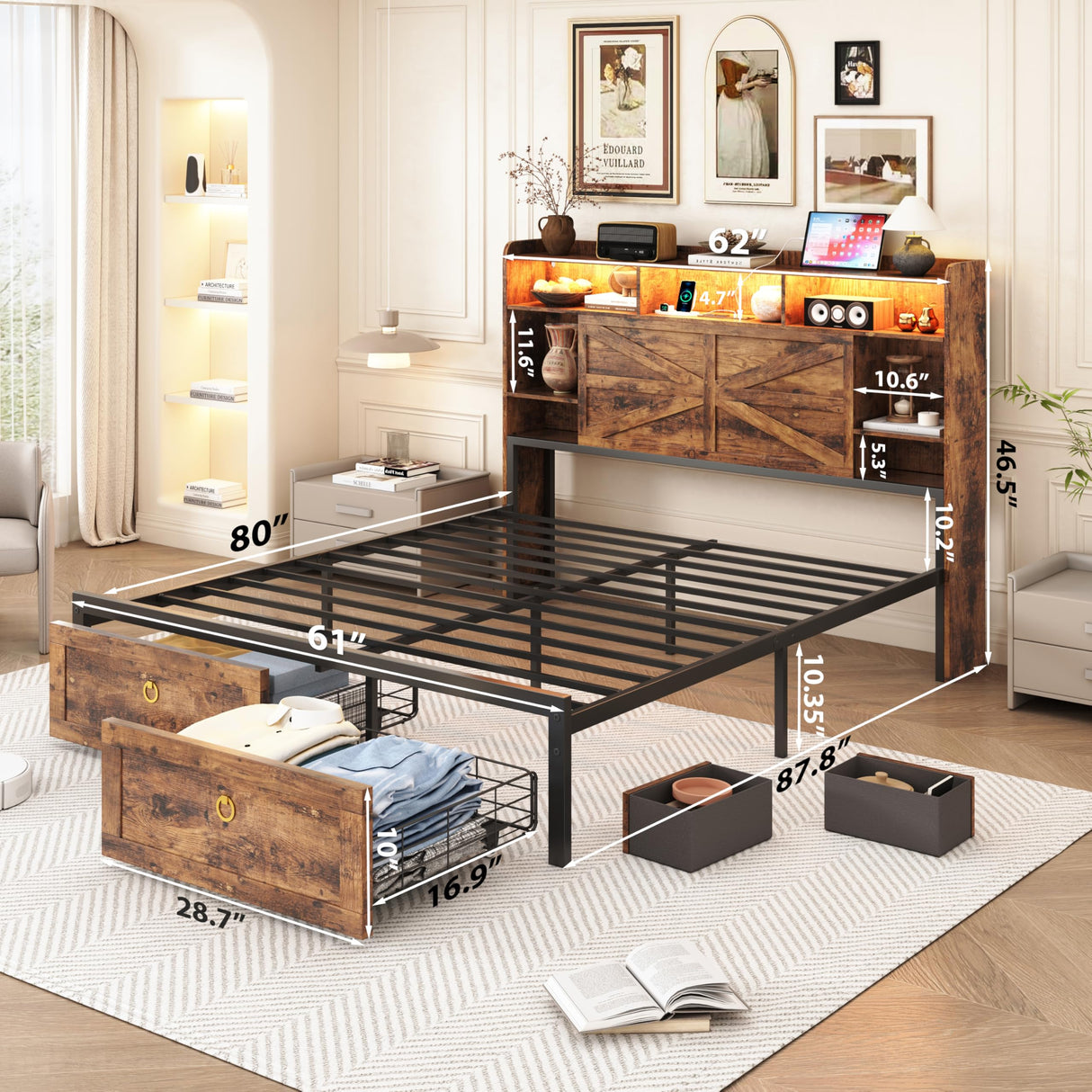 TIGUBFRE Queen Bed Frame with 4 Drawers Bookshelf Headboard, Farmhouse Bed Frame with Charging Station & LED Lights, Metal Slats Support, Noise Free, No Box Spring Needed Rustic Brown TIGUBFRE