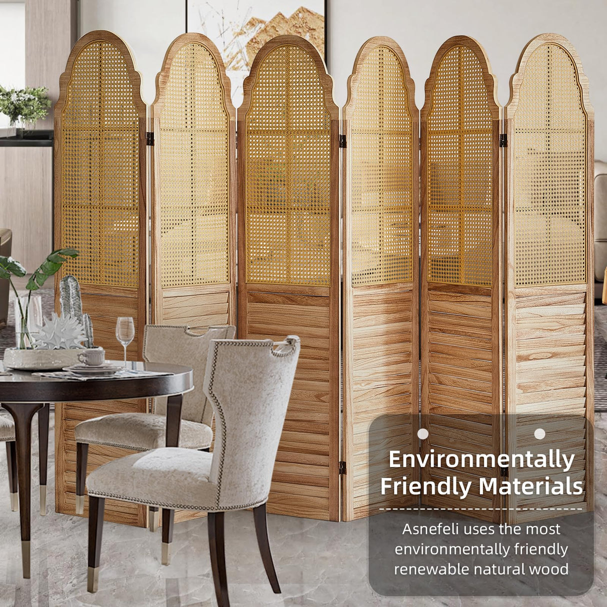 Asnefeli 6 Panels Room Divider Screen, Rustic Rattan Room Divider, Wood Folding Privacy Screen, Foldable Wood Divider Wall, Portable Partition Panel, Wall Divider for Room Separation (Natural) Asnefeli