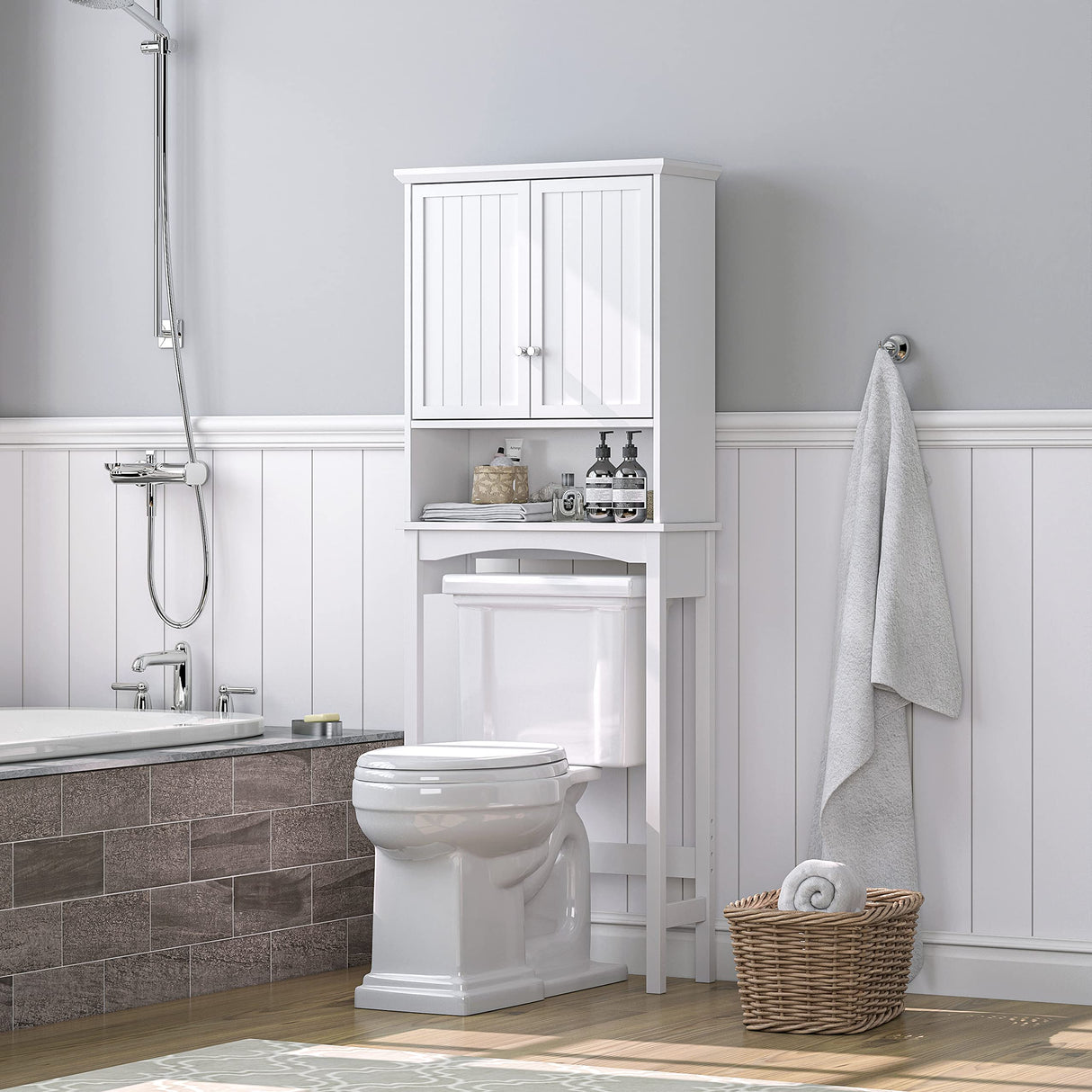 UTEX Over The Toilet Storage Cabinet, Bathroom Above Toilet Cabinet Organizer with Adjustable Shelves, White UTEX