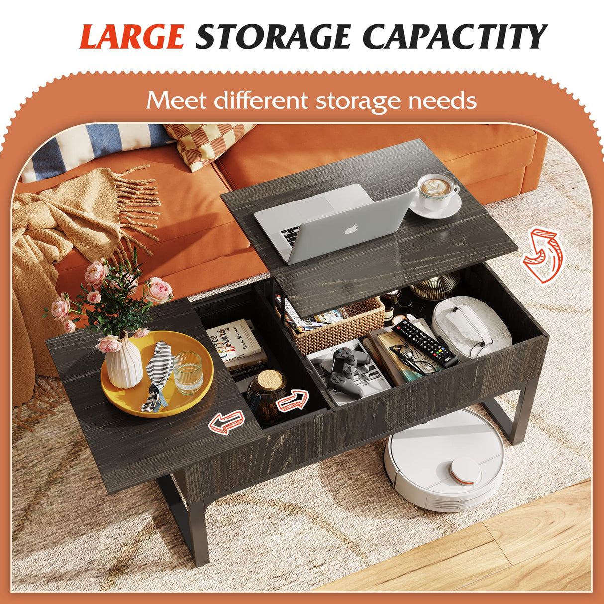 WLIVE Lift Top Coffee Table with Storage, 40.9" Coffee Table with Lifting Top & Sliding Top, Wood Modern Center Table with 2 Hidden Compartment for Living Room, Charcoal Black WLIVE