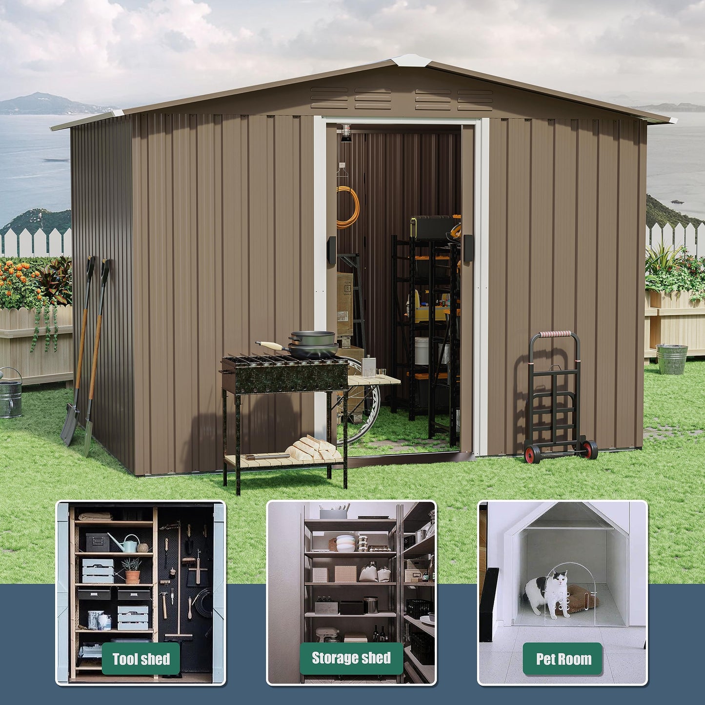 RTDTD 8FT x 6FT Outdoor Storage Shed, Waterproof, Lockable Door Metal Tool Shed with Sliding Door and Air Vents, Storage House for Gardening Tools, Metal Storage Shed for Garden, Backyard, La - WoodArtSupply