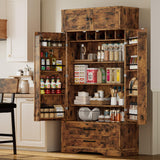 IRONCK Kitchen Pantry 72" Height, with 8 Hanging Shelves, 2 Drawers and Open Storage Cabinet, Freestanding Cupboard for Dining Room Living Room,Vintage Brown IRONCK
