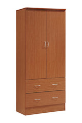 HODEDAH 2 Door Wood Wardrobe Bedroom Closet with Clothing Rod inside Cabinet and 2 Drawers for Storage, Cherry Hodedah