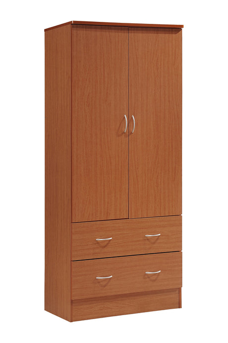 HODEDAH 2 Door Wood Wardrobe Bedroom Closet with Clothing Rod inside Cabinet and 2 Drawers for Storage, Cherry Hodedah