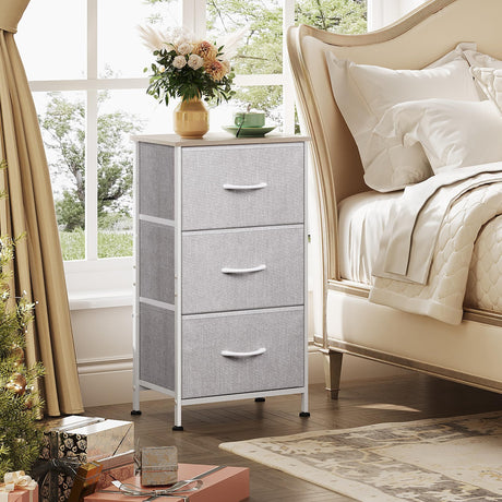WLIVE Nightstand with 3 Drawers, Fabric Dresser, Organizer Unit, Storage Dresser for Bedroom, Hallway, Entryway, Closets, Sturdy Steel Frame, Wood Top, Easy Pull Handle, Light Grey WLIVE