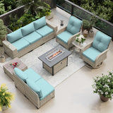 Muphyers 10-Piece Outdoor Patio Furniture Set with Rocking Swivel Chair, PE Wicker Rattan Sectional Sofa Patio Conversation Set with 55,000 BTU Fire Pit Table & Coffee Table, Light Blue Muphyers
