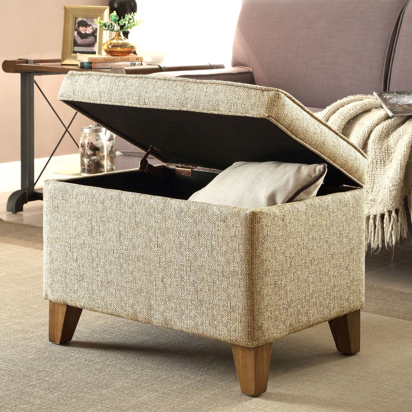 Homepop Home Decor | Medium Square Storage Ottoman with Hinged Lid | Ottoman with Storage for Living Room & Bedroom, Tan