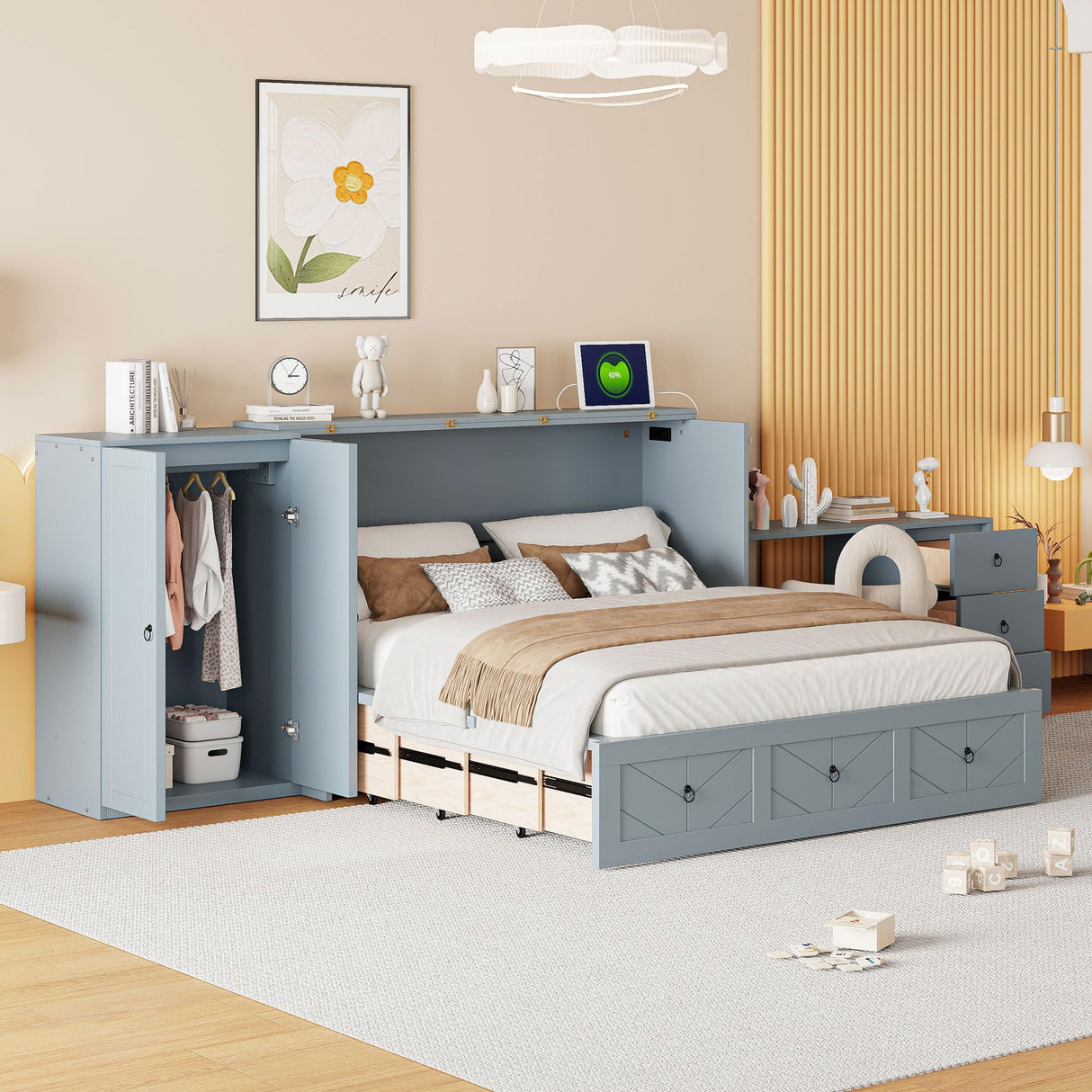 Harper & Bright Designs Queen Size Murphy Bed with Desk, Wooden Queen Murphy Bed with USB Port, Large Drawer and Wardrobe, Gray Harper & Bright Designs