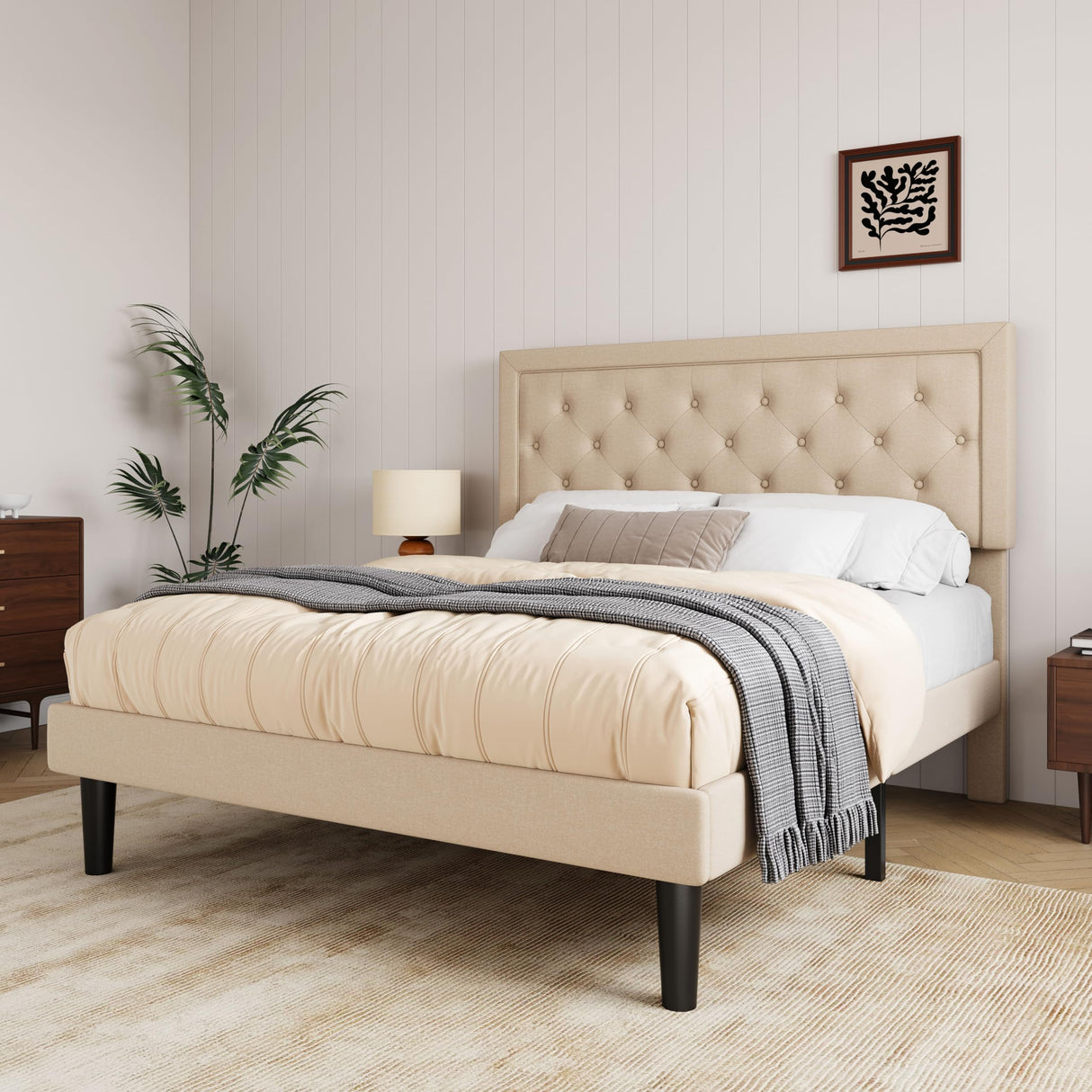 Allewie Queen Size Button Tufted/Fabric Upholstered Bed Frame with Adjustable Headboard/Wood Slat Support/Mattress Foundation/Beige Allewie