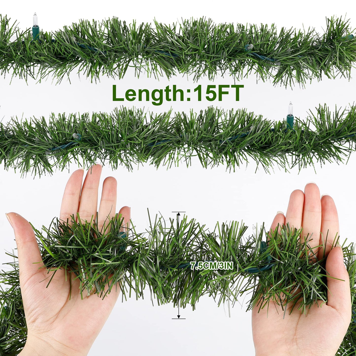 Biswing 15FT Pre-lit Christmas Green Garland Upgrade, Lighted Artificial Pine Garlands with 35 Count Clear Lights, Connectable & Light Up for Indoor Outdoor Home Winter Holiday New Year Decorations